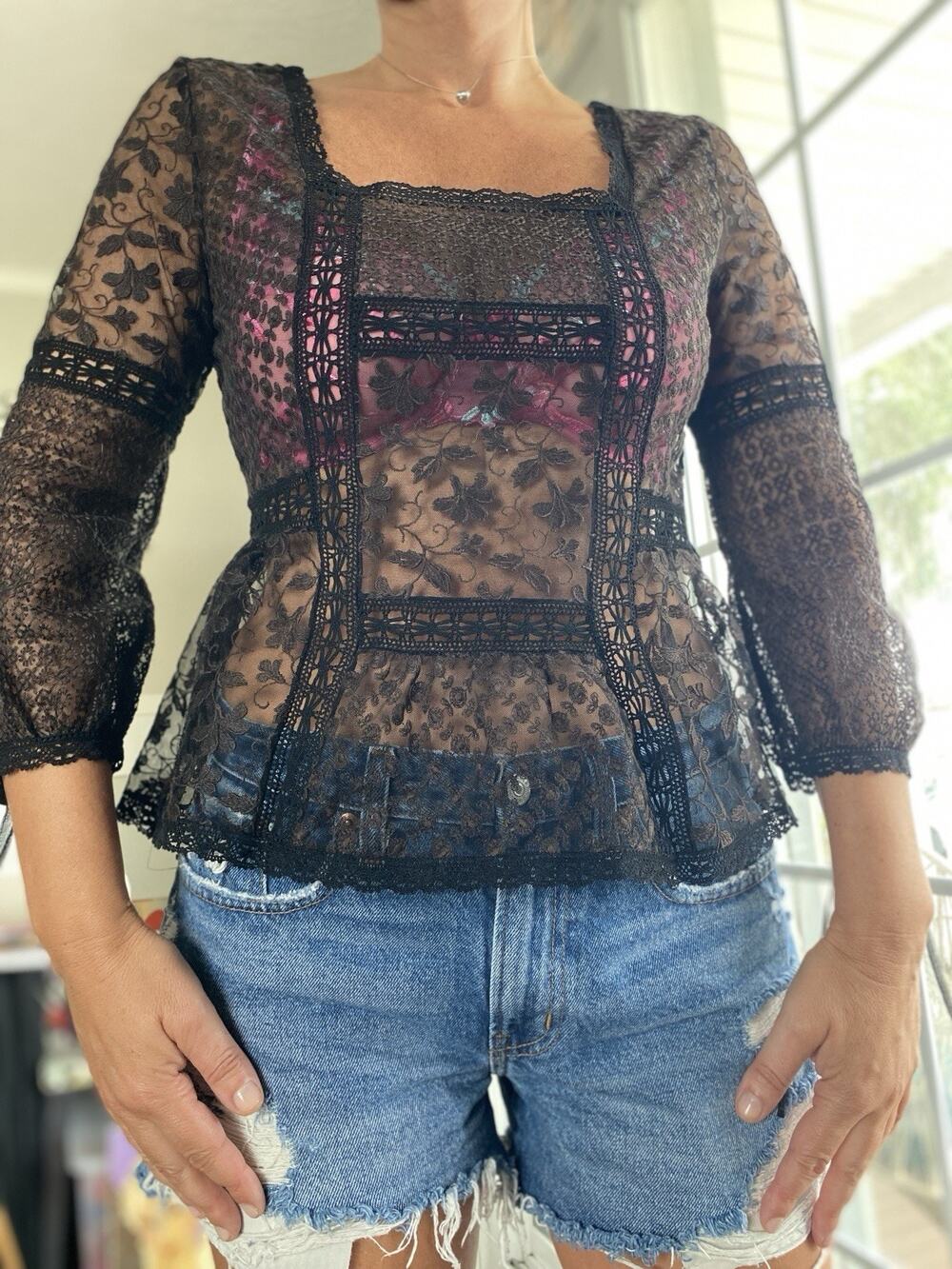 SPORTMAX Lace blouse Black coffee cotton Blend Floral pattern Made in Italy 10